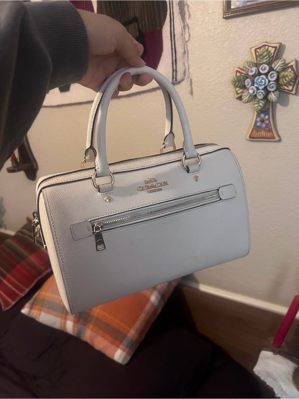 Coach White Leather Dome Satchel with Zip Pocket